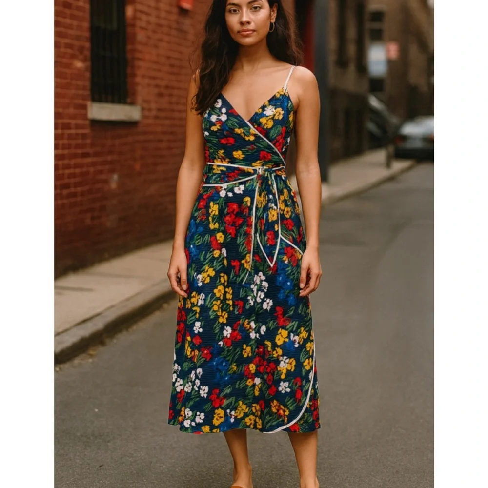 TORY BURCH Navy Blue Floral Grotto Midi Wrap Dress Size 8